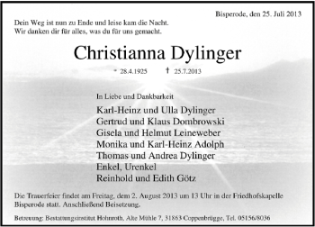 Traueranzeige von Christianna Dylinger von Deister- und Weserzeitung