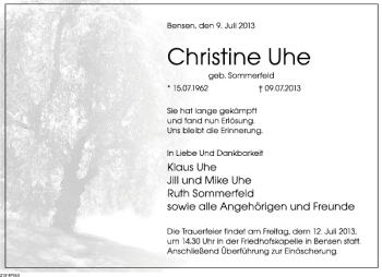 Traueranzeige von Christine Uhe von Deister- und Weserzeitung