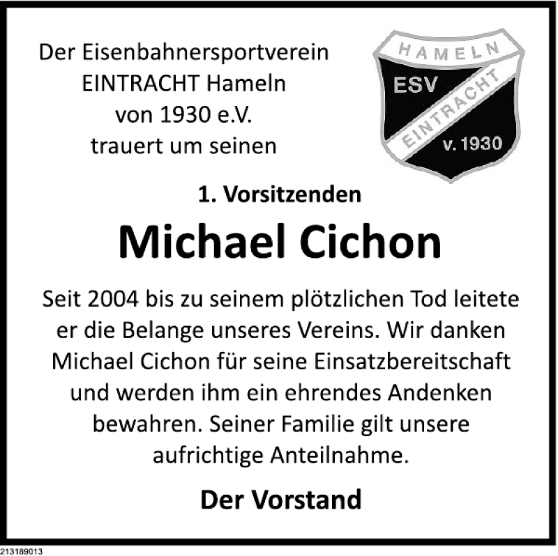  Traueranzeige für Cichon Traueranzeige vom 15.07.2013 aus Deister- und Weserzeitung