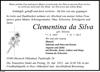 Traueranzeige von Clementina da Silva von Deister- und Weserzeitung