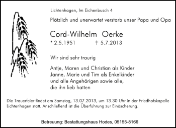 Traueranzeige von Cord-Wilhelm Oerke von Deister- und Weserzeitung