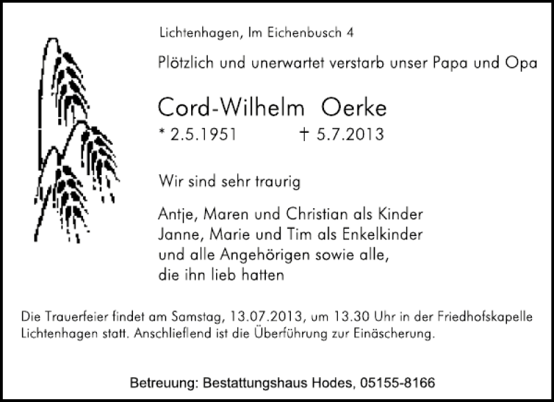  Traueranzeige für Cord-Wilhelm Oerke vom 10.07.2013 aus Deister- und Weserzeitung