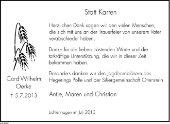 Traueranzeige von Cord-Wilhelm Oerke von Deister- und Weserzeitung