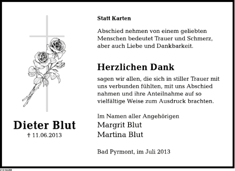  Traueranzeige für Dieter Blut vom 06.07.2013 aus Deister- und Weserzeitung