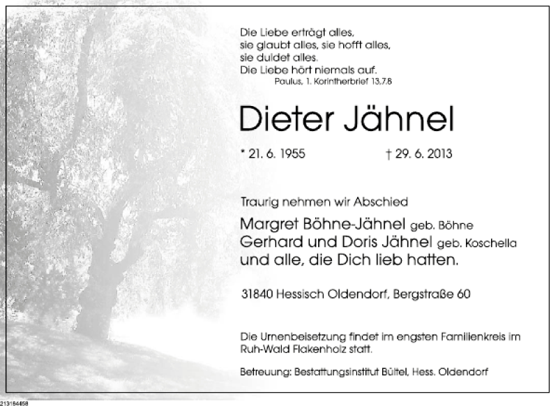  Traueranzeige für Dieter Jähnel vom 05.07.2013 aus Deister- und Weserzeitung
