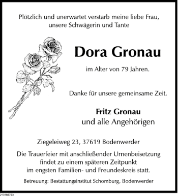 Traueranzeige von Dora Gronau von Deister- und Weserzeitung