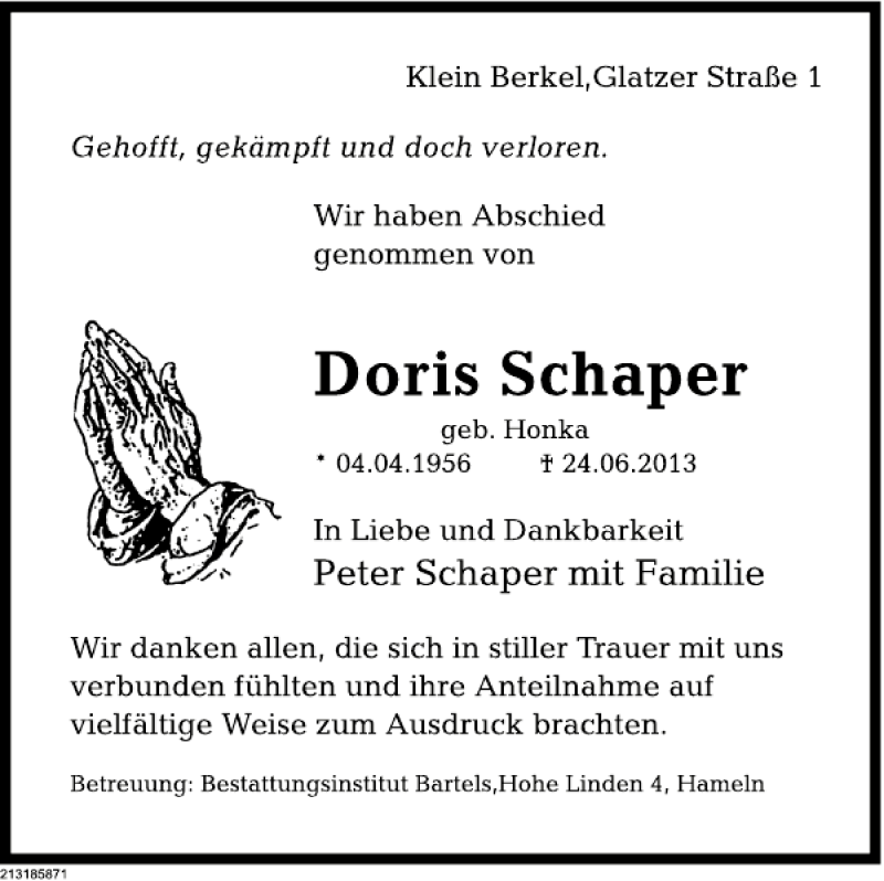  Traueranzeige für Doris Schaper vom 06.07.2013 aus Deister- und Weserzeitung