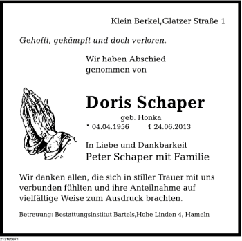 Traueranzeige von Doris Schaper von Deister- und Weserzeitung