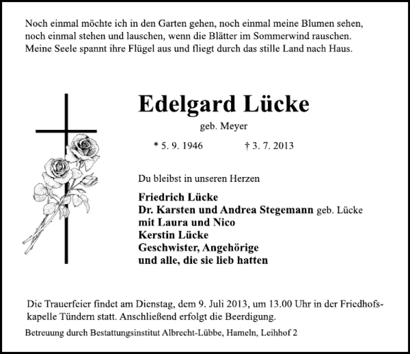  Traueranzeige für Edelgard Lücke vom 06.07.2013 aus Deister- und Weserzeitung