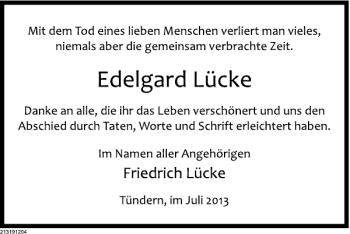 Traueranzeige von Edelgard Lücke von Deister- und Weserzeitung