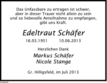 Traueranzeige von Edeltraut Schäfer von Deister- und Weserzeitung