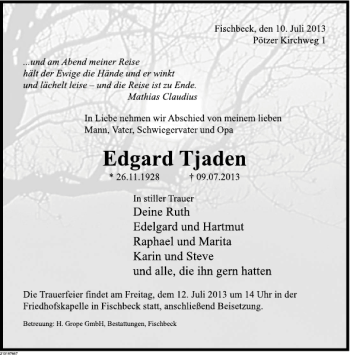 Traueranzeige von Edgard Tjaden von Deister- und Weserzeitung