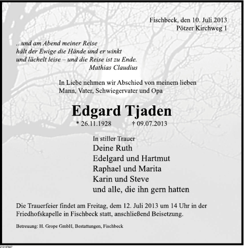  Traueranzeige für Edgard Tjaden vom 11.07.2013 aus Deister- und Weserzeitung