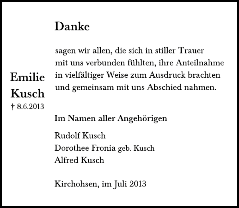 Traueranzeige für Emilie Kusch vom 06.07.2013 aus Deister- und Weserzeitung
