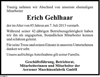 Traueranzeige von Erich Gehlhaar von Deister- und Weserzeitung