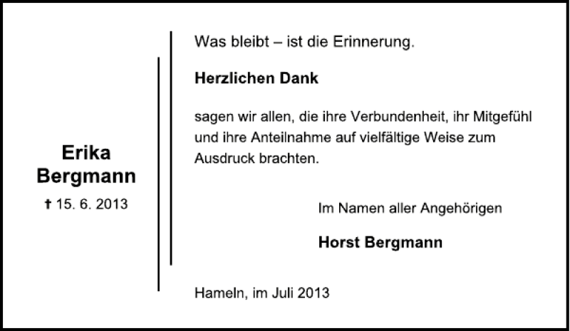  Traueranzeige für Erika Bergmann vom 20.07.2013 aus Deister- und Weserzeitung