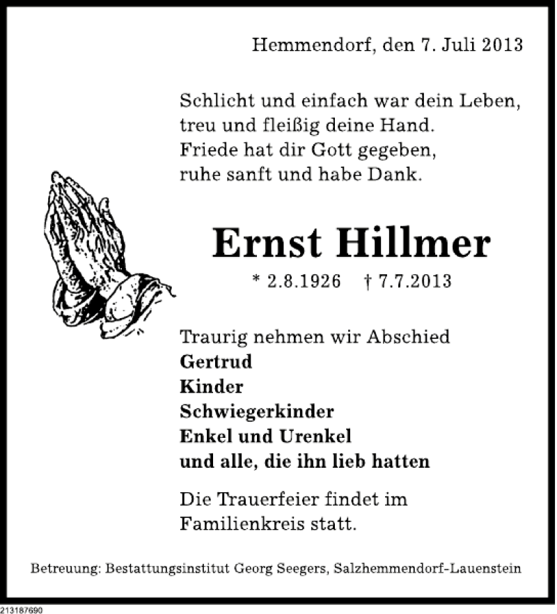  Traueranzeige für Ernst Hillmer vom 13.07.2013 aus Deister- und Weserzeitung