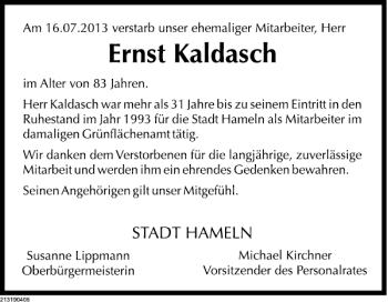 Traueranzeige von Ernst Kaldasch von Deister- und Weserzeitung