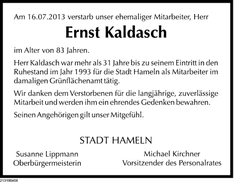 Traueranzeige für Ernst Kaldasch vom 20.07.2013 aus Deister- und Weserzeitung