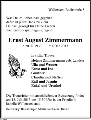 Traueranzeige von Ernst August Zimmermann von Deister- und Weserzeitung