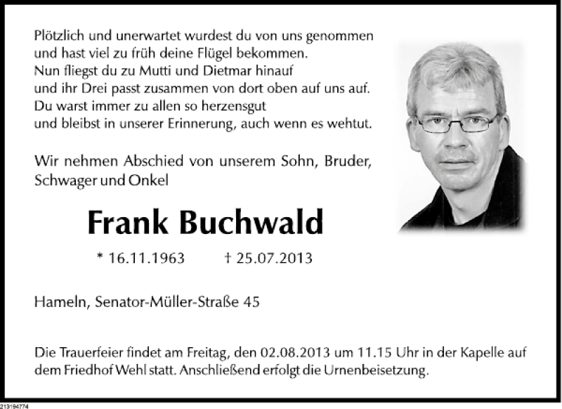  Traueranzeige für Frank Buchwald vom 31.07.2013 aus Deister- und Weserzeitung