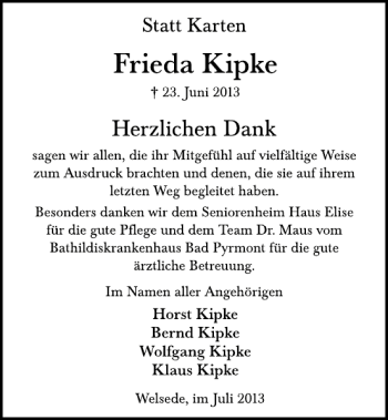 Traueranzeige von Frieda Kipke von Deister- und Weserzeitung