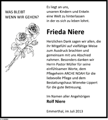 Traueranzeige von Frieda Niere von Deister- und Weserzeitung