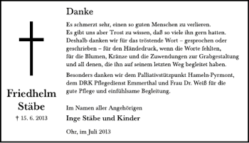 Traueranzeige von Friedhelm Stäbe von Deister- und Weserzeitung