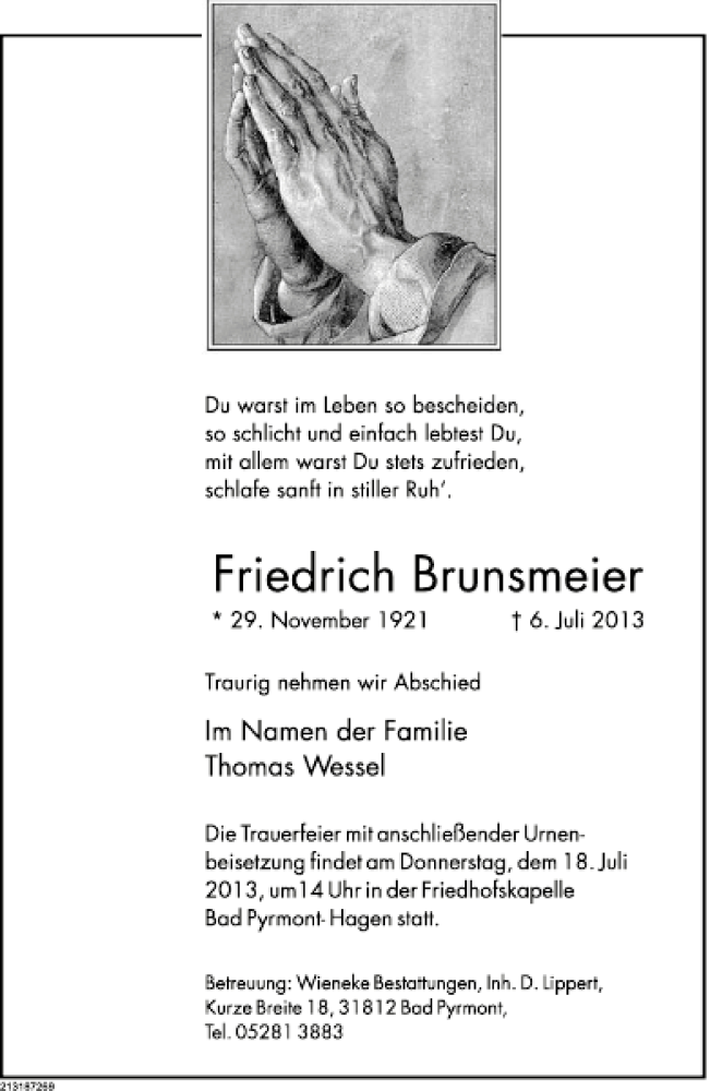  Traueranzeige für Friedrich Brunsmeier vom 11.07.2013 aus Deister- und Weserzeitung