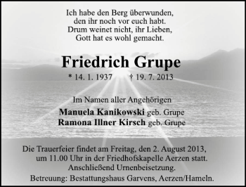 Traueranzeige von Friedrich Grupe von Deister- und Weserzeitung