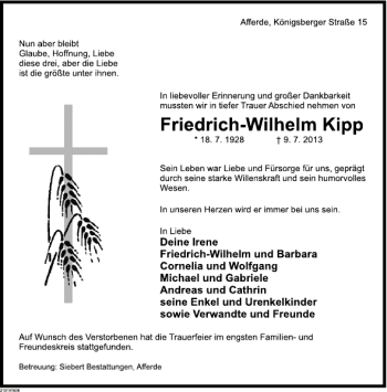 Traueranzeige von Friedrich-Wilhelm Kipp von Deister- und Weserzeitung