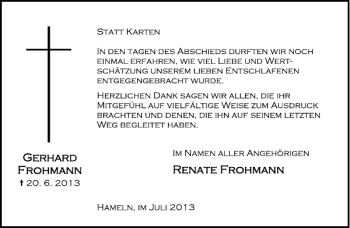 Traueranzeige von Gerhard Frohmann von Deister- und Weserzeitung
