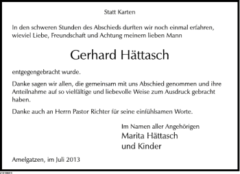 Traueranzeige von Gerhard Hättasch von Deister- und Weserzeitung