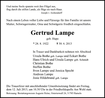 Traueranzeige von Gertrud Lampe von Deister- und Weserzeitung