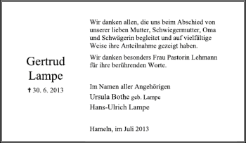 Traueranzeige von Gertrud Lampe von Deister- und Weserzeitung