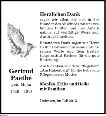 Traueranzeige von Gertrud Paethe von Deister- und Weserzeitung