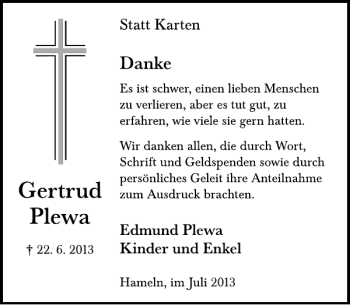 Traueranzeige von Gertrud Plewa von Deister- und Weserzeitung