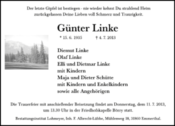 Traueranzeige von Günter Linke von Deister- und Weserzeitung