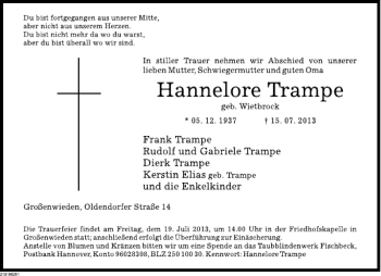 Traueranzeige von Hannelore Trampe von Deister- und Weserzeitung
