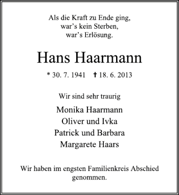 Traueranzeige von Hans Haarmann von Deister- und Weserzeitung