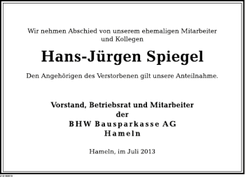Traueranzeige von Hans-Jürgen Spiegel von Deister- und Weserzeitung