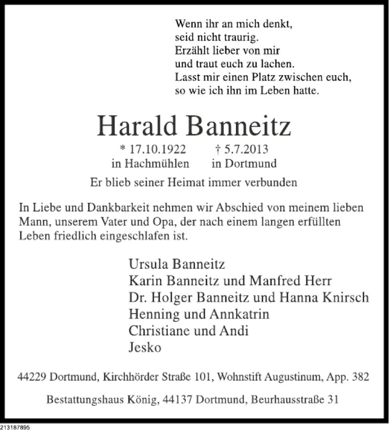  Traueranzeige für Harald Banneitz vom 13.07.2013 aus Deister- und Weserzeitung