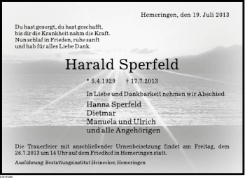 Traueranzeige von Harald Sperfeld von Deister- und Weserzeitung