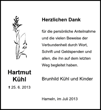 Traueranzeige von Hartmut Kühl von Deister- und Weserzeitung