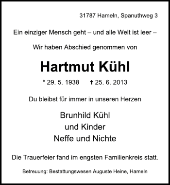 Traueranzeige von Hartmut Kühl von Deister- und Weserzeitung
