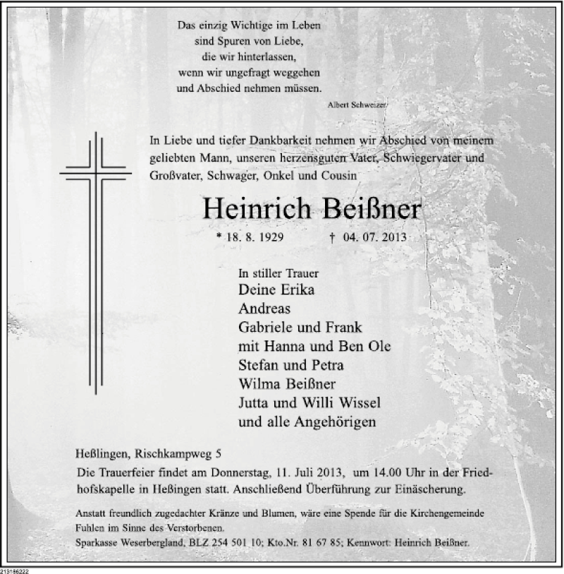  Traueranzeige für Heinrich Beißner vom 06.07.2013 aus Deister- und Weserzeitung