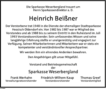 Traueranzeige von Heinrich Beißner von Deister- und Weserzeitung