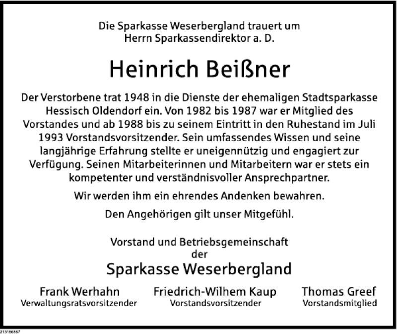  Traueranzeige für Heinrich Beißner vom 10.07.2013 aus Deister- und Weserzeitung