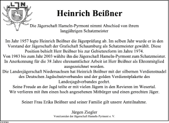 Traueranzeige von Heinrich Beißner von Deister- und Weserzeitung