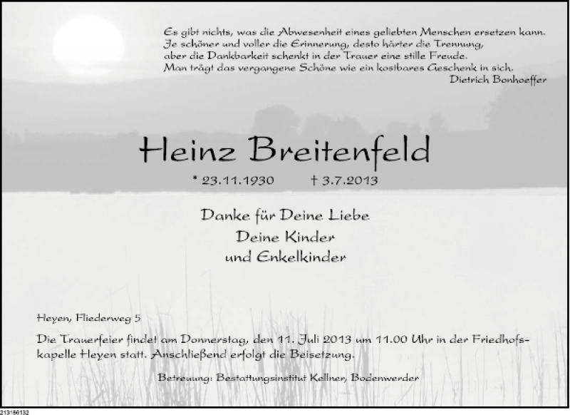  Traueranzeige für Heinz Breitenfeld vom 06.07.2013 aus Deister- und Weserzeitung